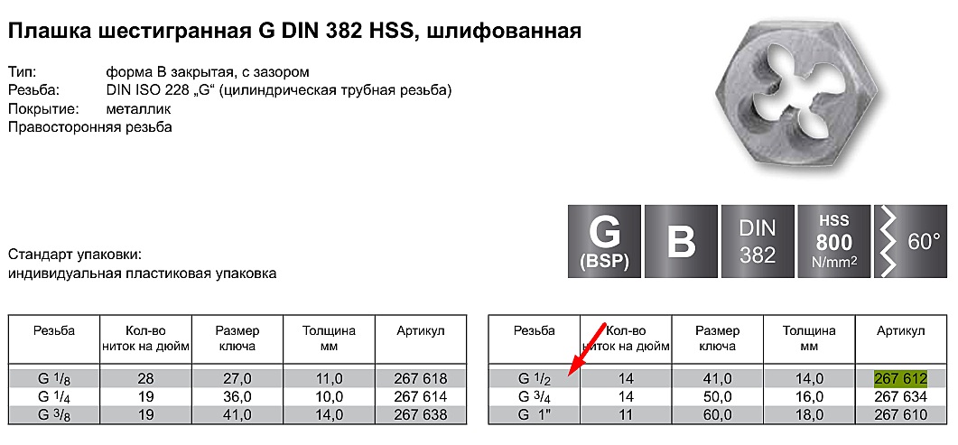 Плашка HEX G 1/2x14 HSS DIN382 RUKO 267612