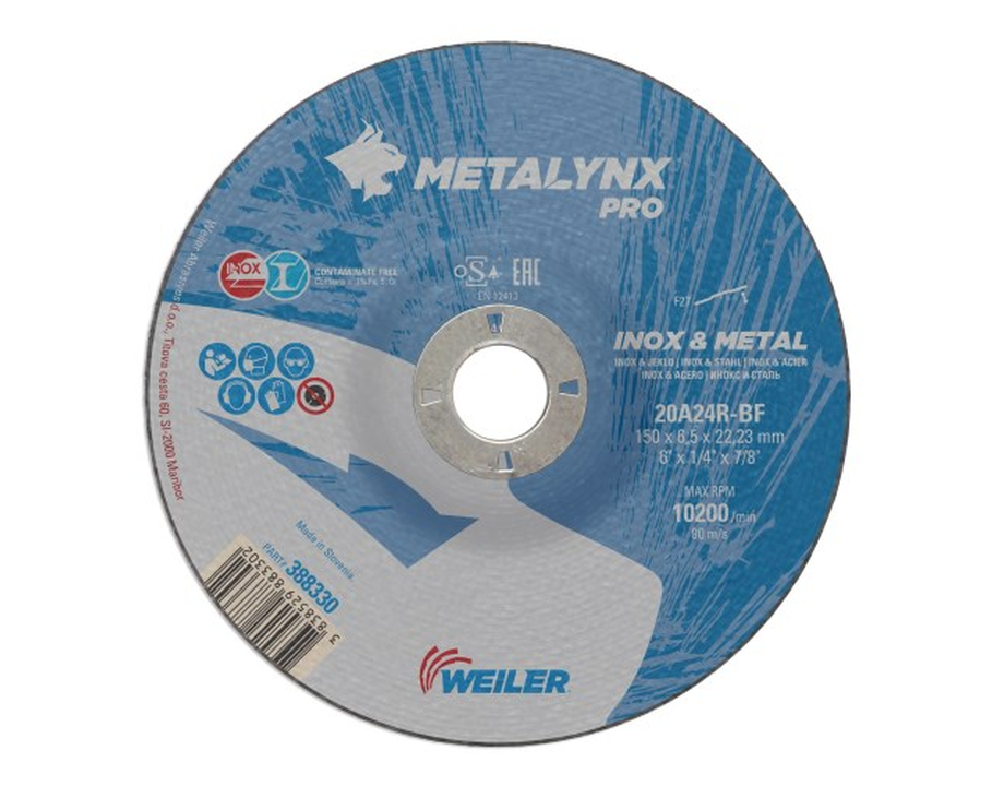 Круг шлифовальный D150X6,5X22,23 Inox&Metal 20A24R-BF Metalynx PRO 388330