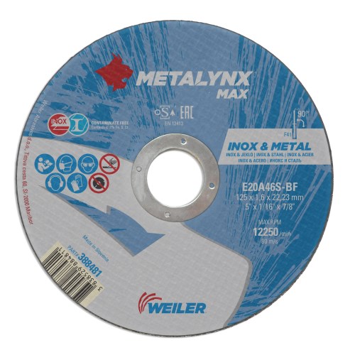 Круг отрезной D125х1,6 Inox&Metall E20A46S-BF Metalynx MAX 388481