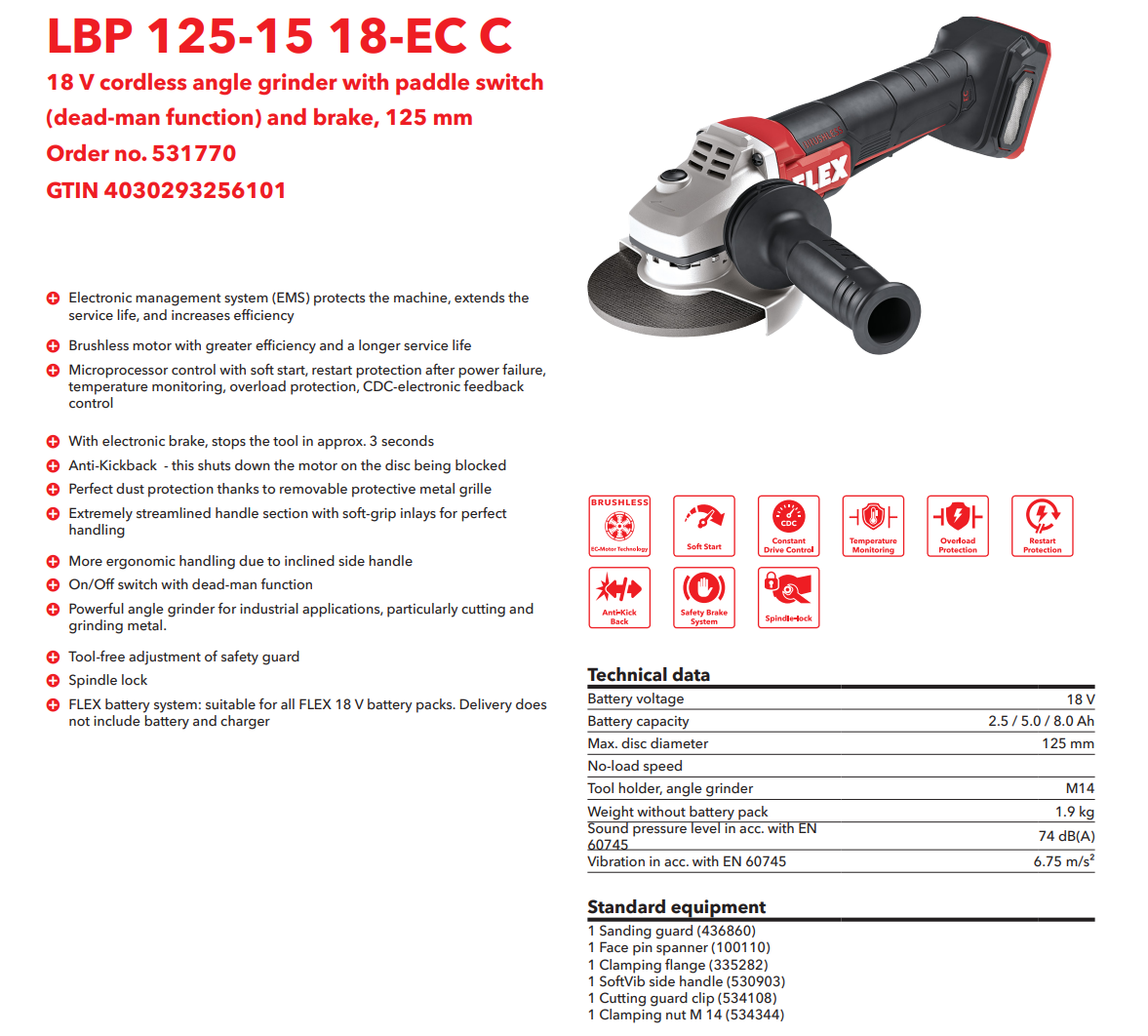 Машина углошлифовальная аккумуляторная LBP 125-15 18-EC C FLEX 531770