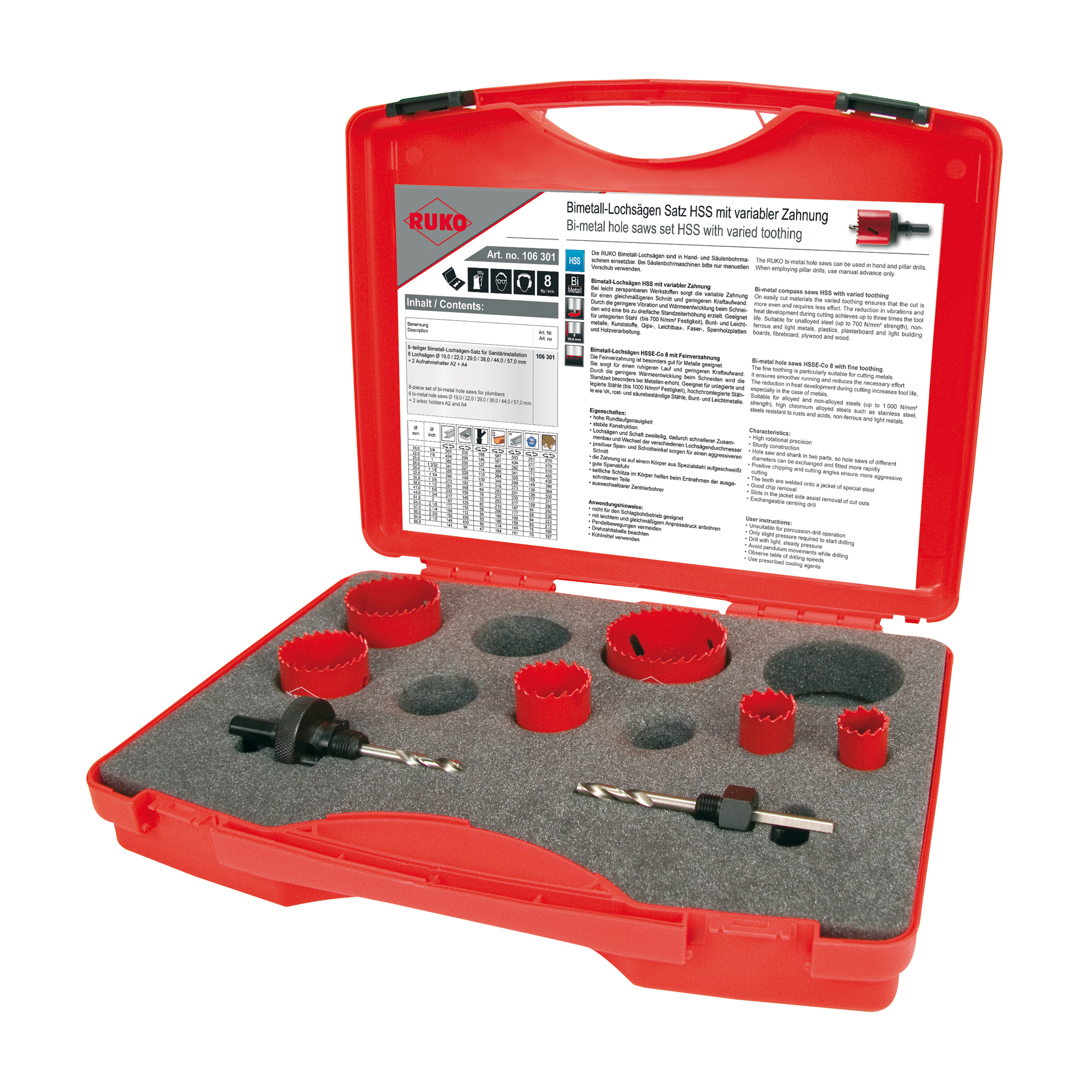 Набор коронок биметаллических (8 пр.) 19-57мм. HSS RUKO 106301