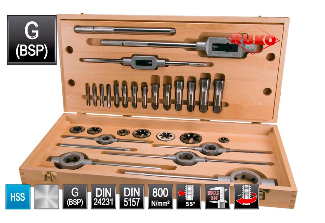 Набор метчиков и плашек G 1/8"- 1" HSS-G (28 предметов) Ruko 245074