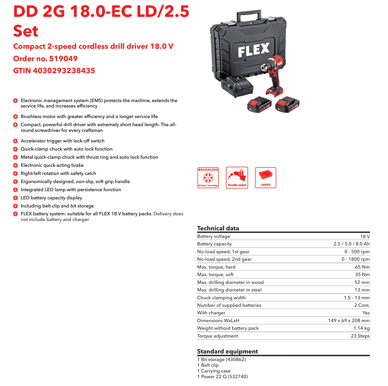 Дрель-шуруповерт аккумуляторный DD 2G 18.0-EC LD/2.5 Set FLEX 519049