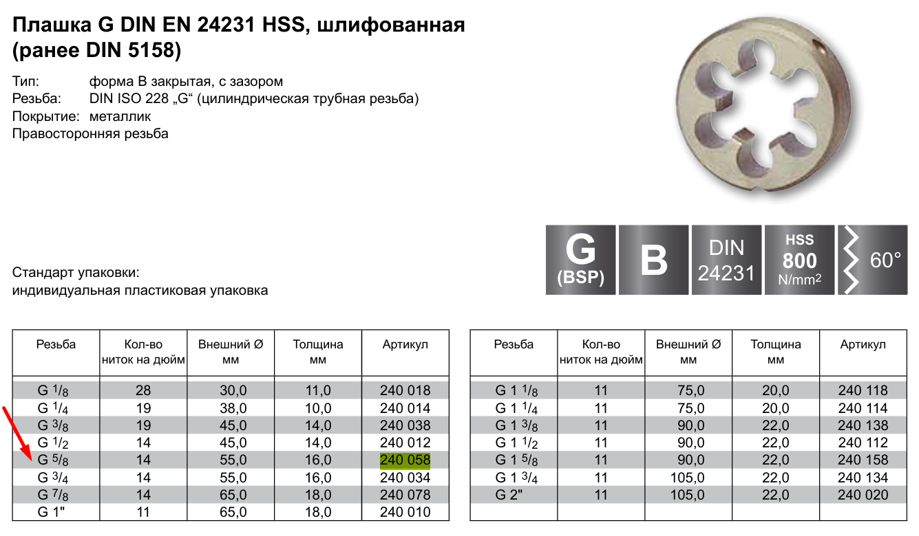 Плашка G 5/8"x14 HSS DIN 5158 RUKO 240058