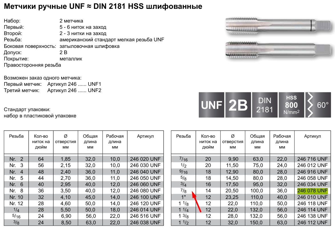 Метчик 7/8x14 HSS DIN 2181 RUKO 246078UNF